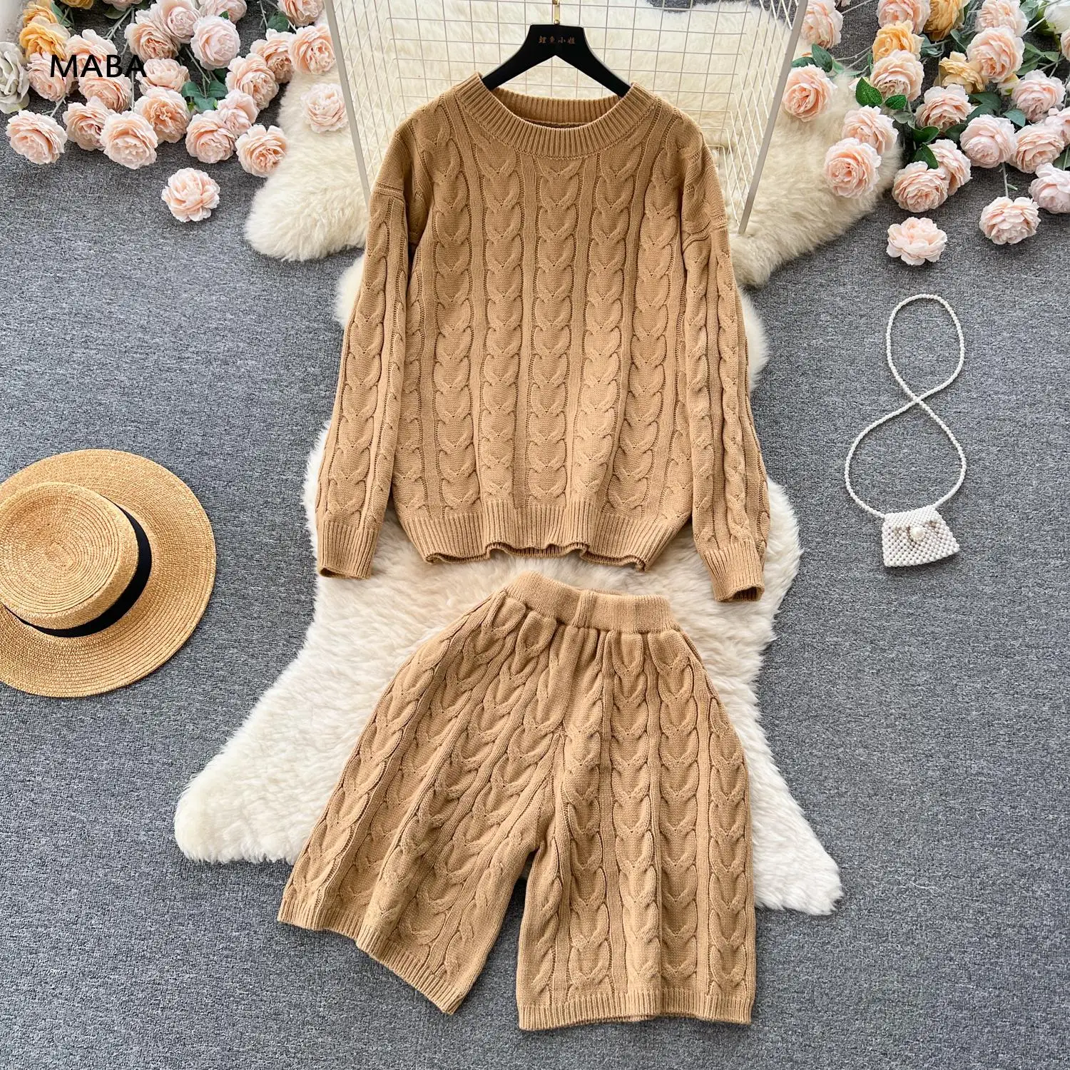 

Женский трикотажный костюм-двойка, повседневный Свободный пуловер и шорты прямого покроя в винтажном Корейском стиле, Осень-зима