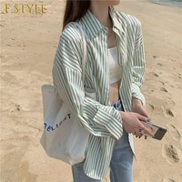 summer new striped shirts temperament simplicity sunscreen long sleeve blouse ol loose sense of minority blusas female retro ins