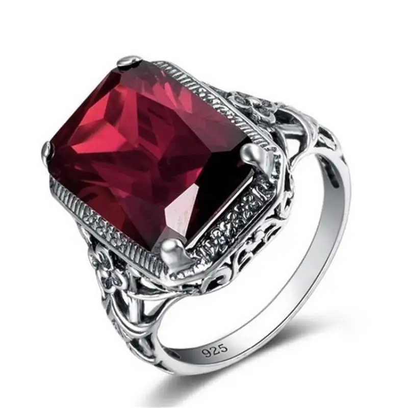 HOYON 925 Silver Color Diamond Style Ruby Ring for Women Bizuteria Topaz Gemstone Retro Ruby Engagement Simulated Jewelry Ring