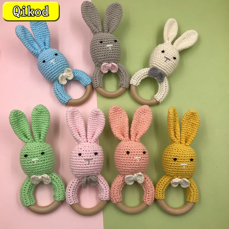 

New Baby Teething Ring Crochet Rabbit Chew Teether Safe Wooden Teether Natural Newborn Bunny Sensory Bracelet Toys Gift