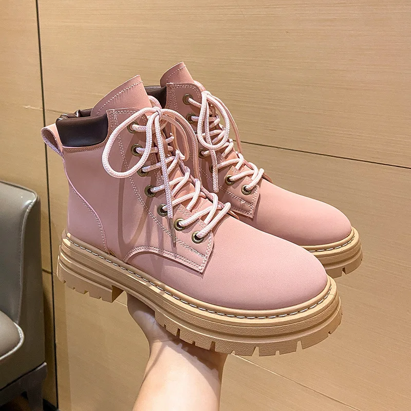 

British Thick Soled Martin Boots Women's Boots Classic Big Head Short Tube Lace Up Rhubarb Boots New Casual Shoes Women