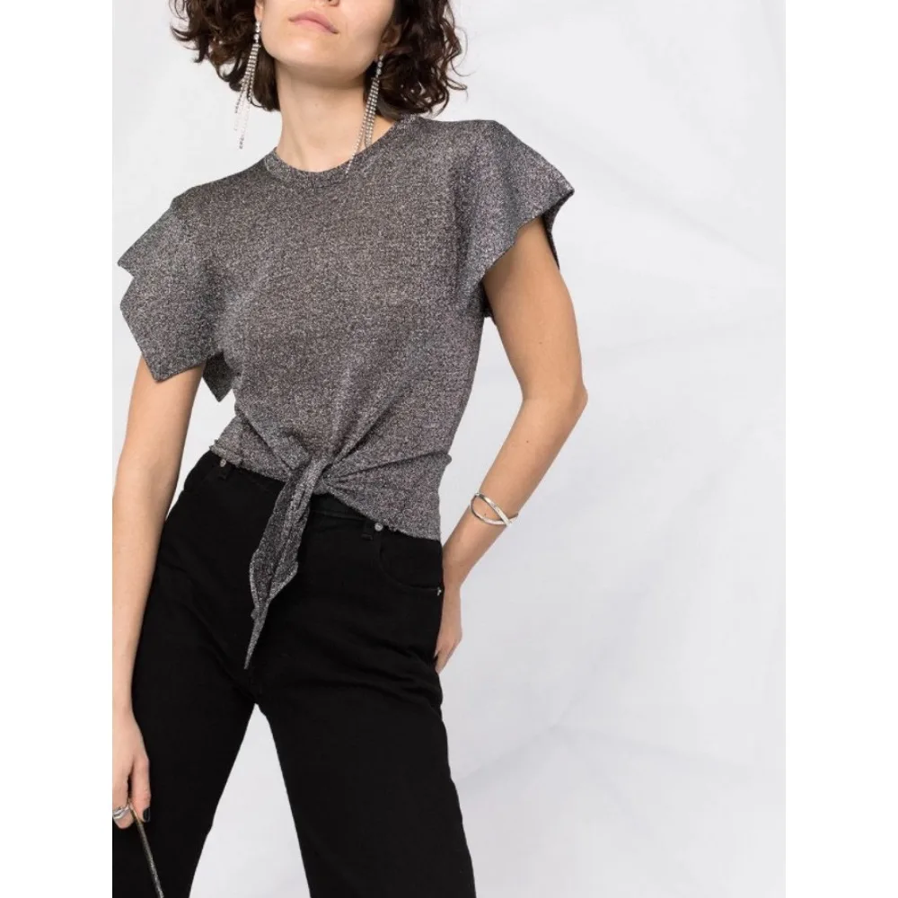 

New Bright Silk Knit Soft Skin-friendly Short-sleeved Top Irregular Split Tie Round Neck Casual Simple Versatile Clothing Shirts