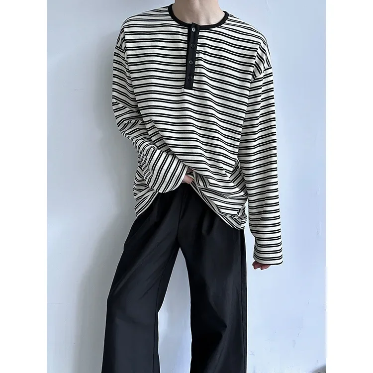 Осень 2024 винтажная футболка свободного кроя с воротником на пуговицах полосатая