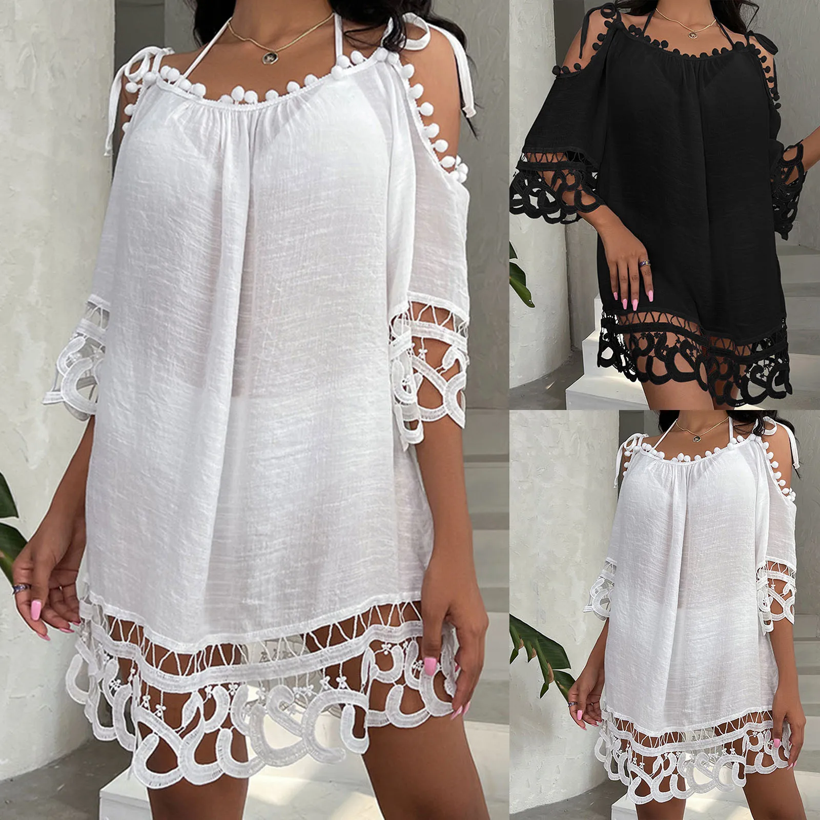 

Women Spring And Summer Leisure Vacation One Shoulder Hollow Lace Fashion Solid Color Loose Swimsuit Blouse Skirt