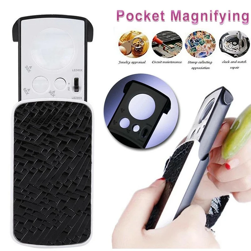 

Portable Slide Out Magnifying Glass 30X 60X 90X Magnifier Jewelry Appraisal Reading Optical LED UV Lens Loupe Magnifying Glass