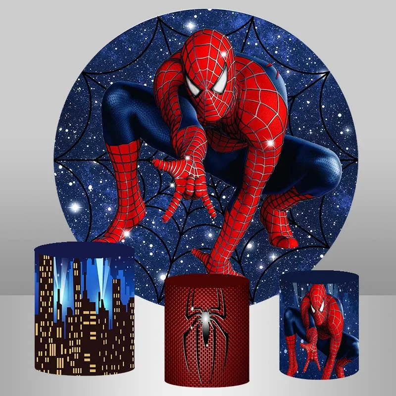 

Spiderman Superhero Round Backdrop Birthday Party Photo Backdrop Disney Theme Round Cylinder Cover Decorations Photo Prop