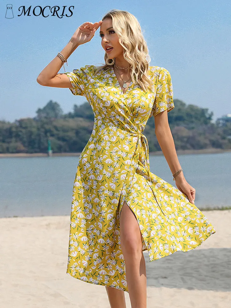 

MOCRIS Knitted Vintage Pink Floral Mini Summer Dress for Women 2023 Elegant and Pretty Ruffle Short Sleeve Bodycon Beach Outfits