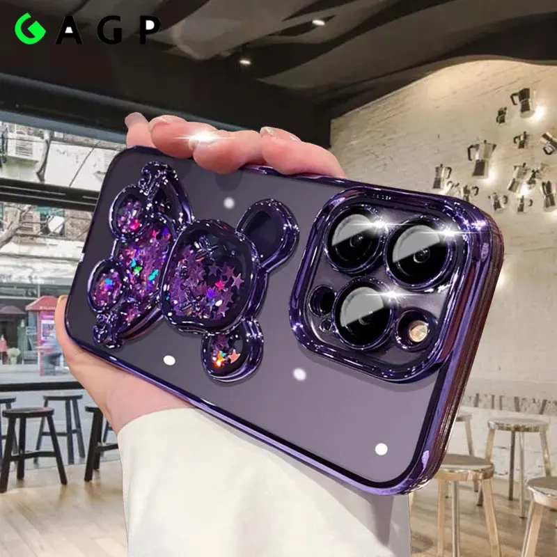 

Luxury Quicksand Glitter Cute Bear Case for iPhone 13 14 12 Pro Max 11 14 Pro Xs Max 7 8 14 Plus Plating Transparent Soft Cover