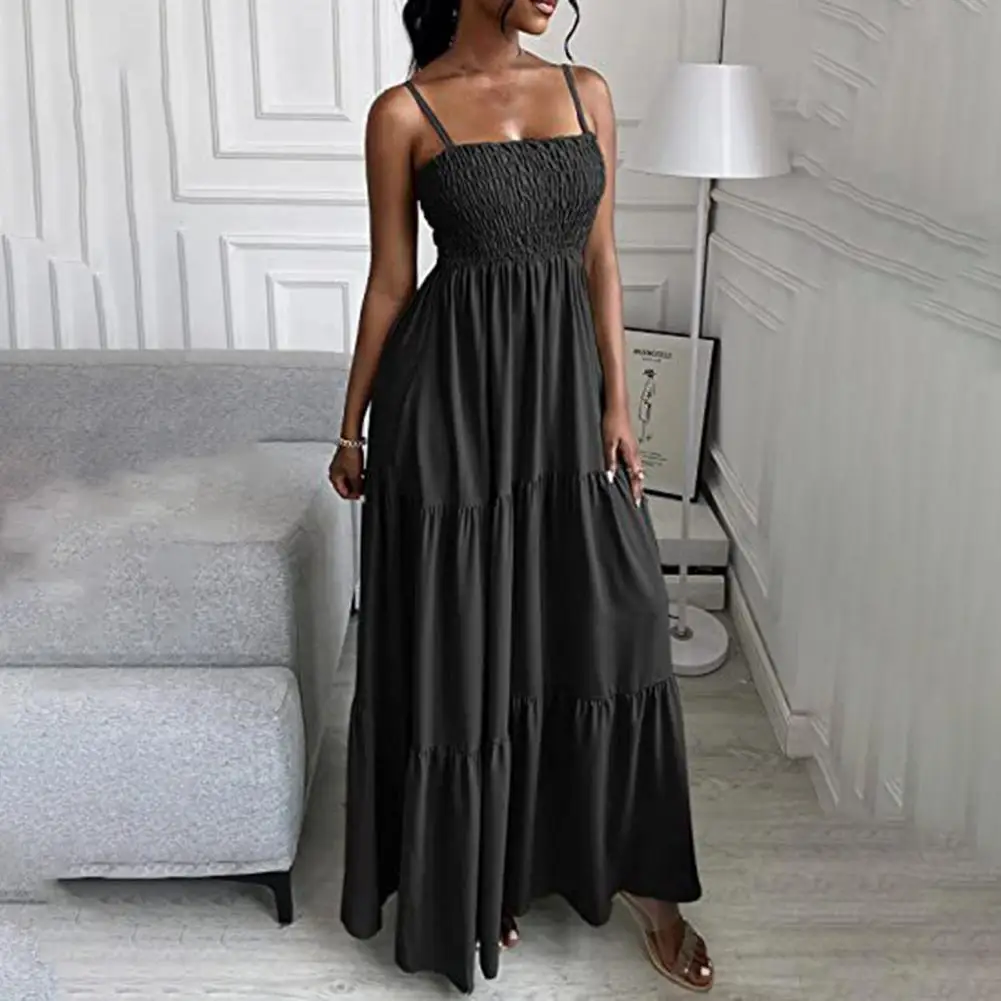 

Popular Beach Dress Solid Color Elegant Maxi Dress Smocked Tiered Long Dress