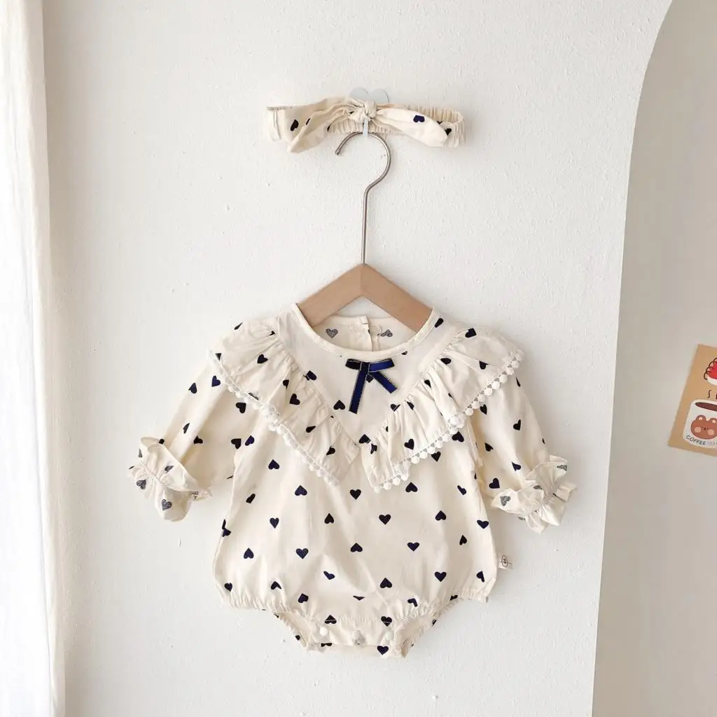 

0-2Y Newborn Baby Girl Bodysuits Autumn Long Sleeve Heart Print Romper with Headband Infant Girls Jumpsuit Sweet Baby Clothes