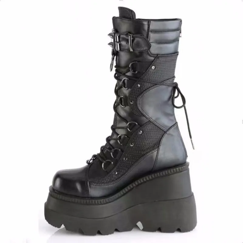 2022 Punk Style Metal Buckle Thick Soled Mid Length Boots Motorcycle Wedge Heel Mid Tube Rider Boots