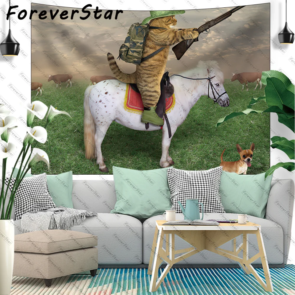 

ForeverStar забавная искусственная кошка ковбойский с винтовкой ездит на лошади на зеленой траве ранчо с коровой собакой настенный гобелен дома...