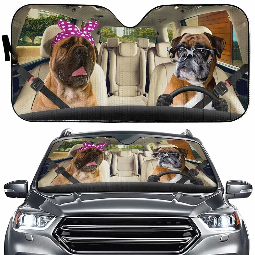 Brindle Pattern Boxer Dog Driving Auto Windshield Sun Shade,Funny Boxer Dog Family Sun Visor Protector Sunshade for Car Truck SU