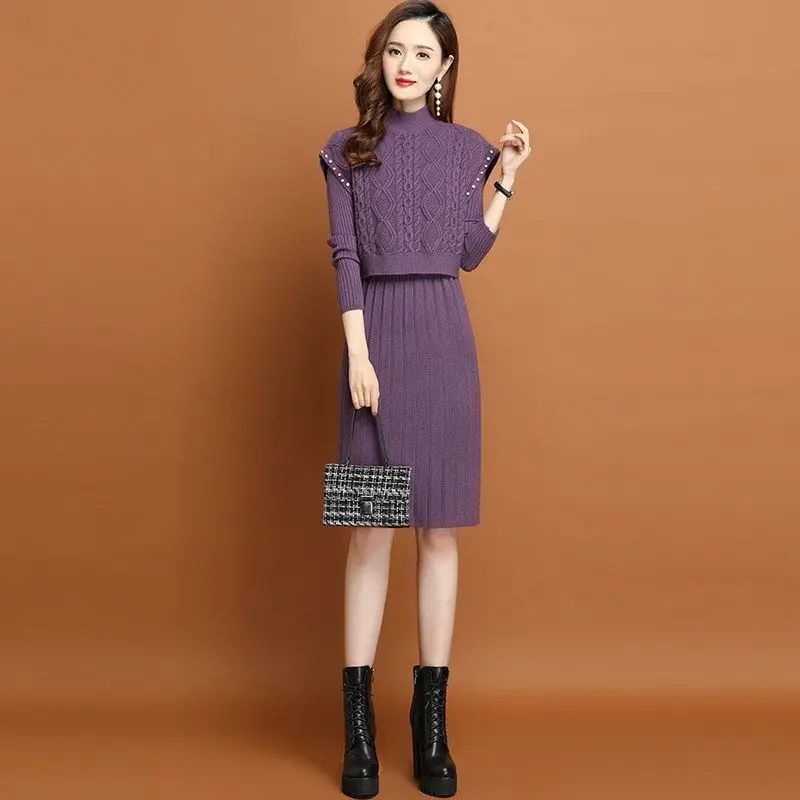 

Arrival Fashion Sets for Women Temperament Autumn Sexy Solid Color Knitting Bouncy Bodycon A-straight Dress Two Piece Sets T26