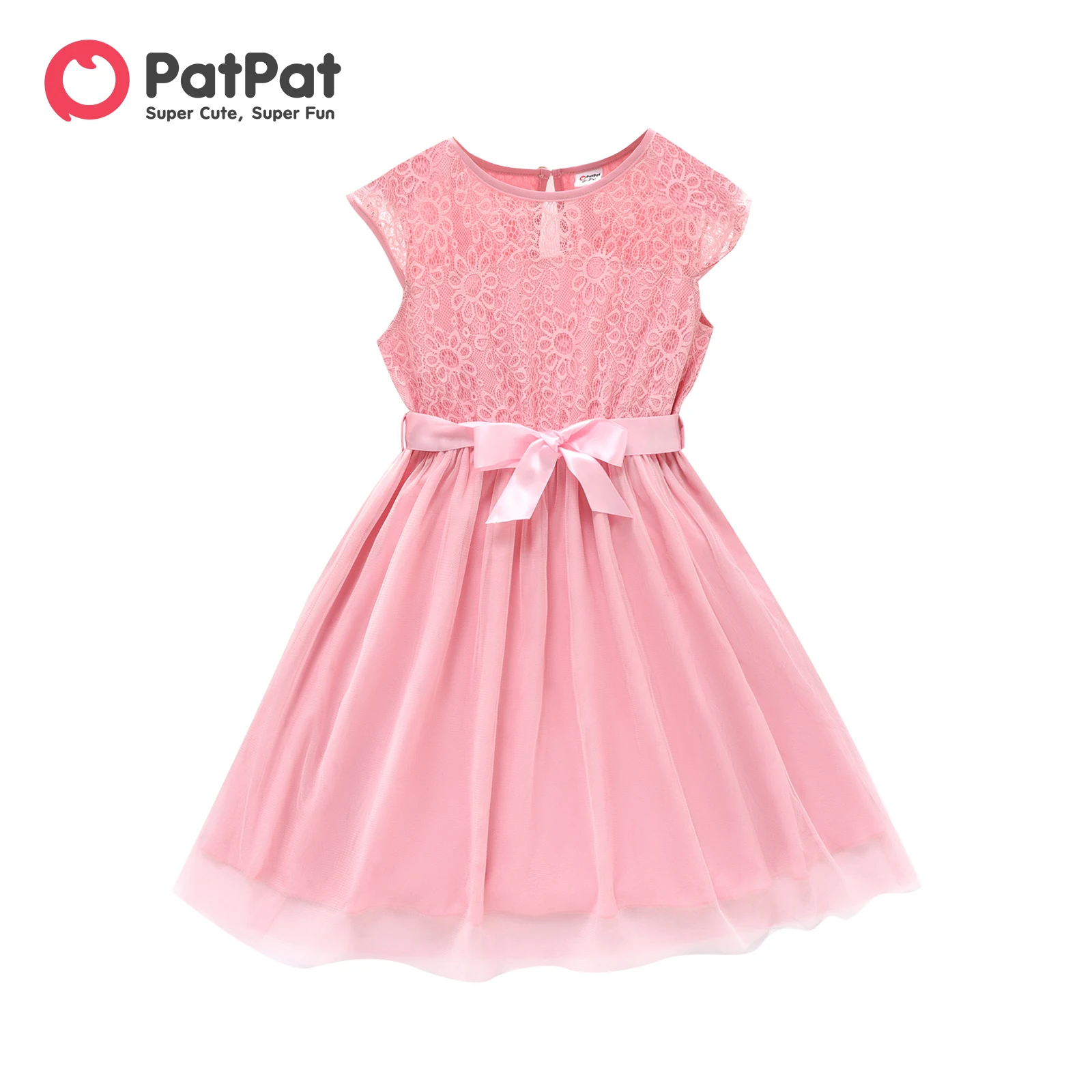 

PatPat Kid Girl Guipure Lace Panel Flutter-sleeve Belted Dress