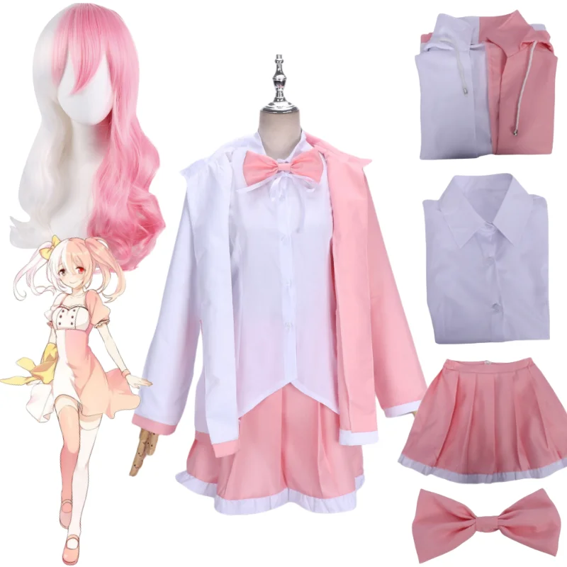 Anime Danganronpa Monomi Cosplay Pink Long Wig Monokuma JKUniform Hooded Jacket Girl Skirt Set Shirt Halloween Carnival Costumes