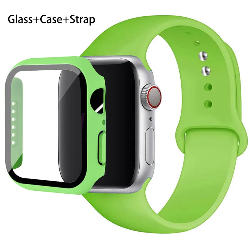 

Glass Case+Strap For Apple Watch band 45mm 44mm 40mm 41mm 38mm 44 mm Sport Silicone bracelet iWatch serie 8 9 7 6 5 4 3 SE bands