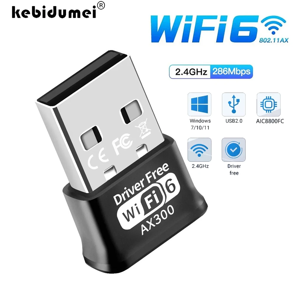 Фото KEBIDUMEI Mini USB WIFI 6, сетевая карта, 2,4 ГГц, Wi-Fi, адаптер LAN, без драйверов, для ПК, ноутбуков, Windows 7, 10, 11, приемник 300 Мбит/с №1