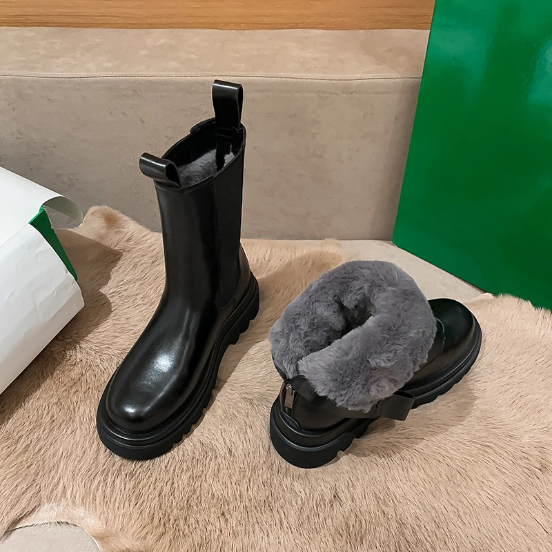 

Chelsea Boots Chunky Boots Women Winter Shoes PU Leather Plush Mid Calf Boots Black Female Autumn Fashion Platform Fur Booties