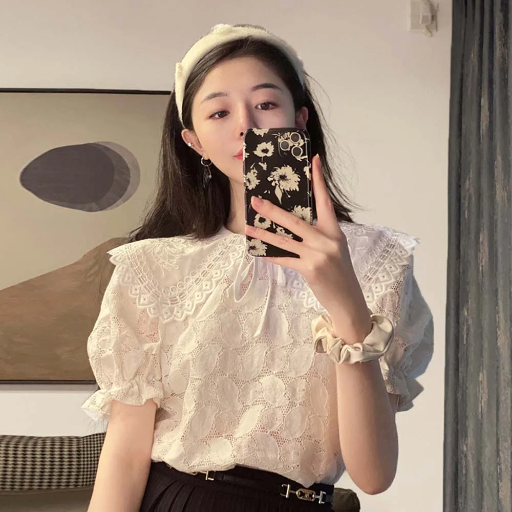 

Women's White Lace Blouse Summer 2022 New Puff Sleeve Lace Stitching Korean Ladies Sweet Chic Top Elegant Female Pullover Trend