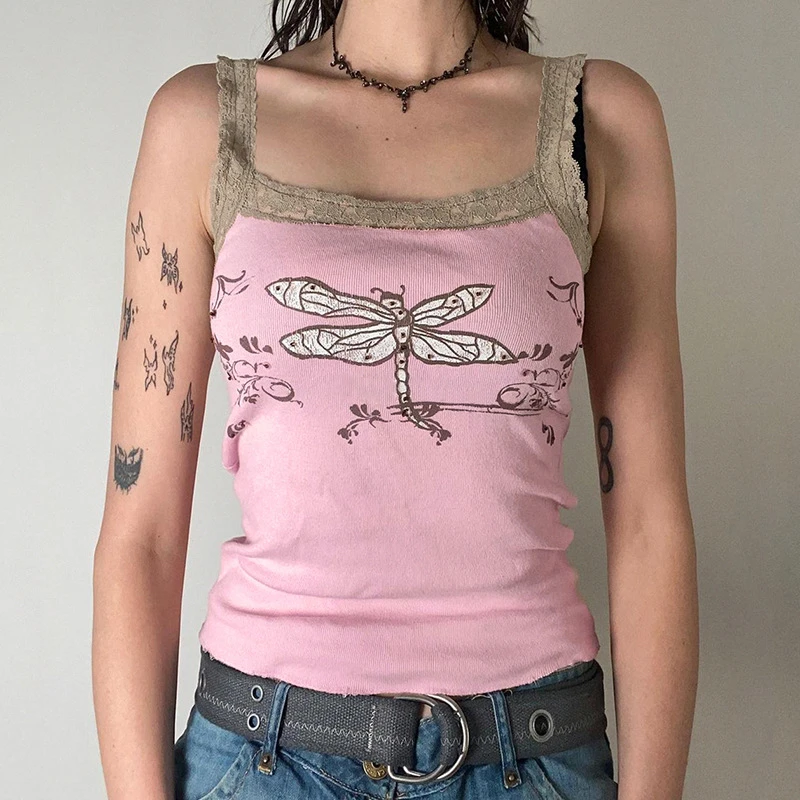 

Summer Sweet Cute Slim Print Dragonfly Patchwork Lace Sleeveless Tank Tops Crop Top Skinny Camis Pink S M L