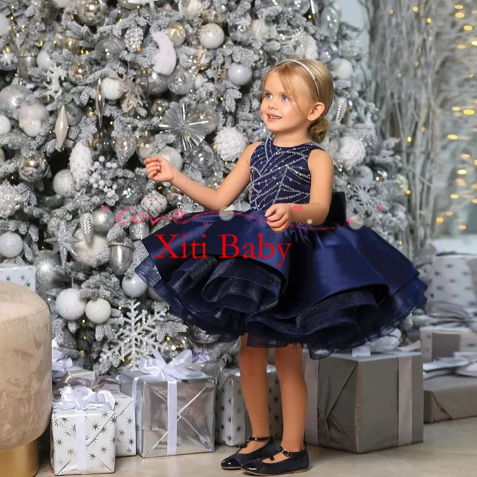 

Kids Navy Flower Girl Dress Sparkling Beading Sequined Puffy Pageant Dresses Ruffles Satin Christmas Party Gowns for Birthday