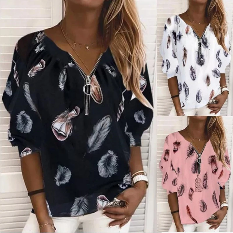

Spring And Summer Clothing Feather Print Women's T shirts Fashion Long Sleeve Zipper V-neck Loose Tops Street Casual Tshirt