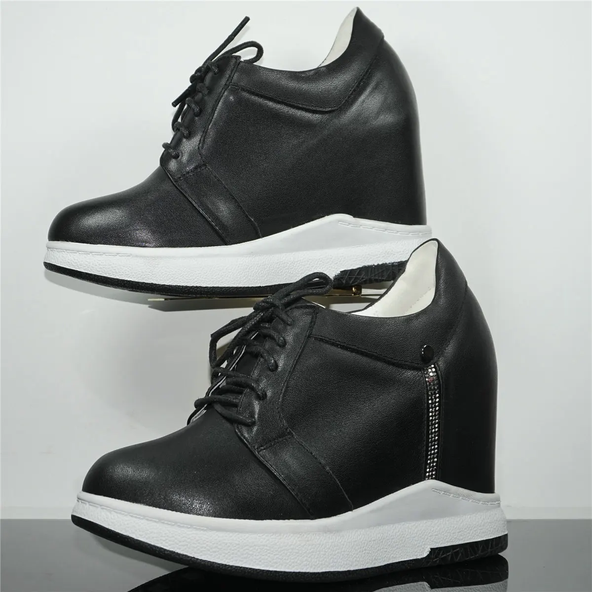 Fashion Sneakers Women Lace Up Genuine Leather Wedges High Heel Vulcanized Shoes Female Round Toe Platform Pumps Casual Shoes