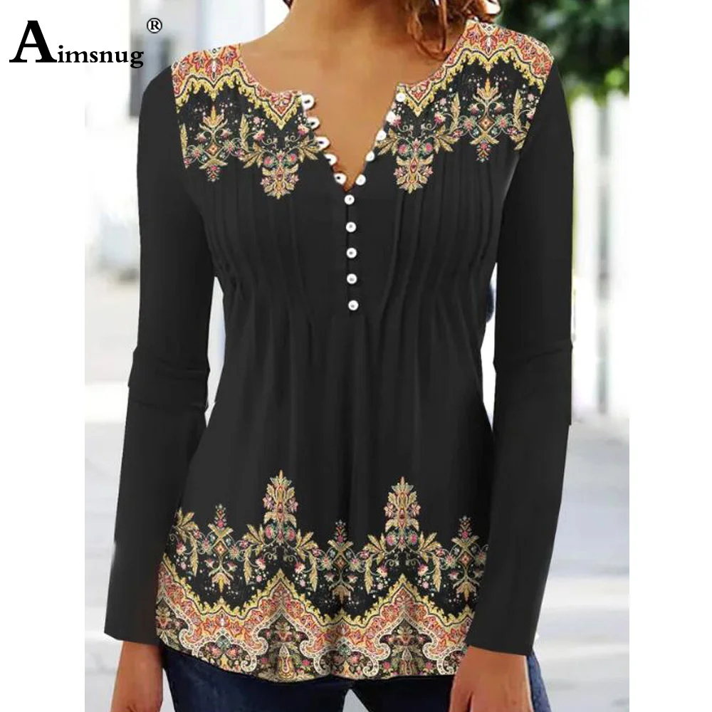 

Aimsnug Ladies Elegant Spliced Buttons T-shirt Long Sleeve Women's Boho Flower Print Top Latest Summer Casual Tees Clothing 2023