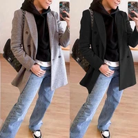 fallwinter womens pure color elegant fashion 2021 new casual suit collar mid length office loose temperament woolen jacket