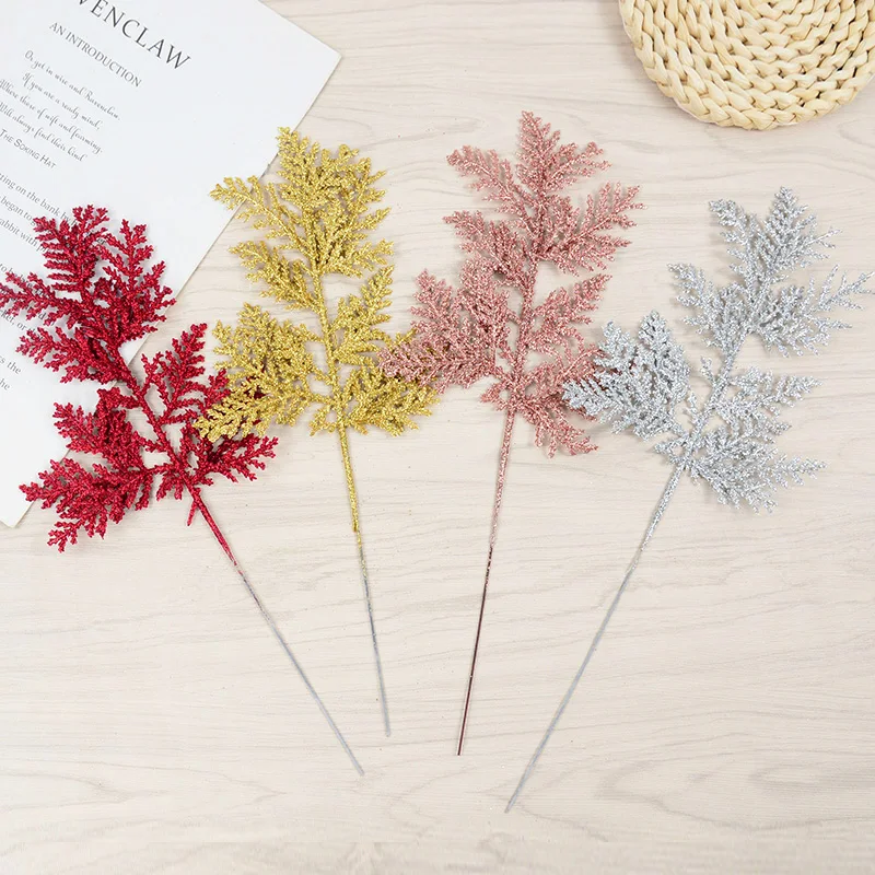 

5pcs Artificial Pine Needles Leaves Glitter Flowers Fake Foliage Branch Christmas Tree Wedding Home Decoration Simulation Plants