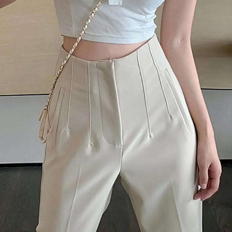 

Women Summer Elegant Solid Color High Waist Fold Pleated Harem Trousers Female Fashion Casual Loose Wide Leg Straight Pants S04