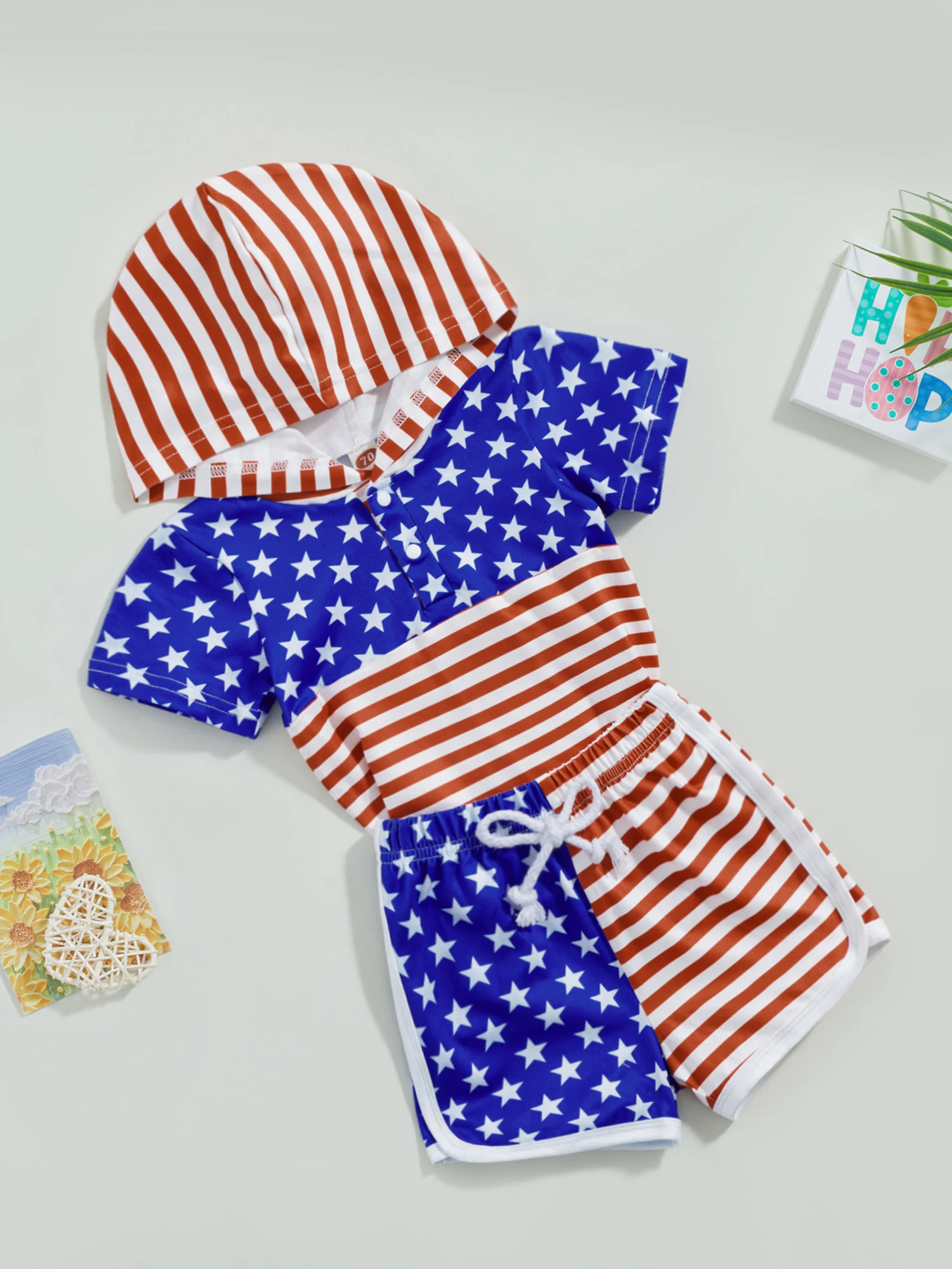 

Baby Girl 4th of July Outfits Stars and Stripes Print Romper Dress with Headband Fourth of July Newborn Clothes