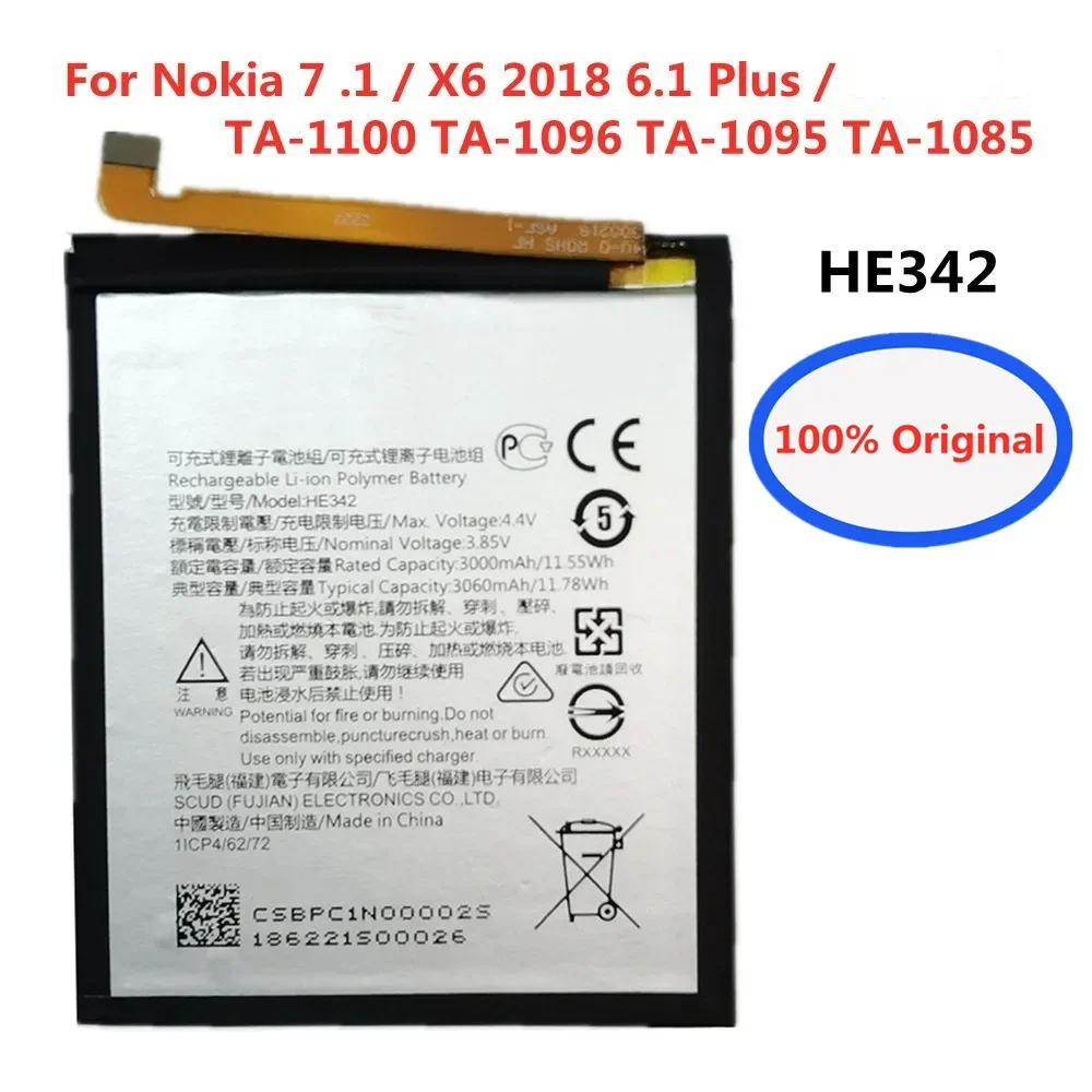 Оригинальный аккумулятор HE342 3060 мАч для Nokia X6 2018/7 1/6 1 Plus TA-1100 TA-1096 TA-1095 TA-1085 телефона