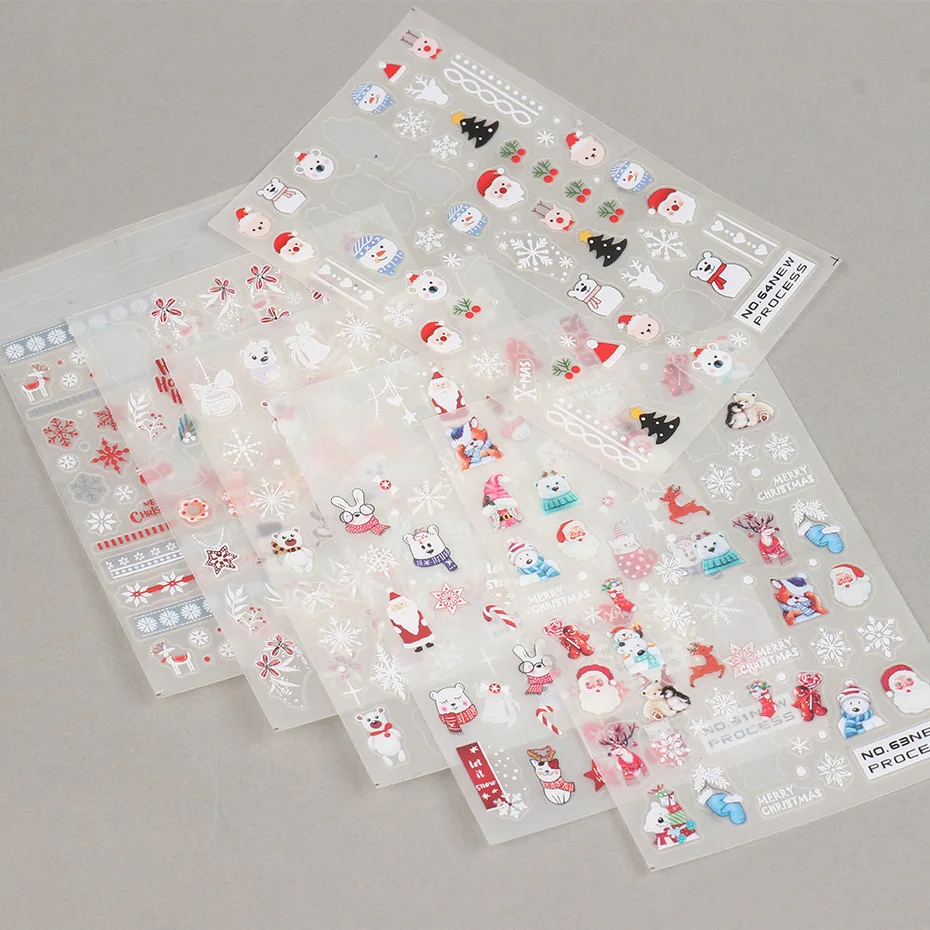 

5D Cartoon Snowman Santa Claus Embossed Stickers Press on Nails Christmas Style Nail Art Decoration Winter Flower Nail Stickers