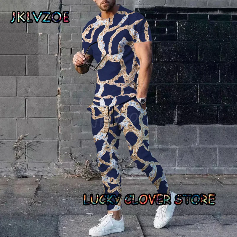 Men Multicolour Tracksuit Print Short Sleeve T shirts+Pants 2 Piece Set Man Outfit Summer Trousers Golden Chain Clothing Suit