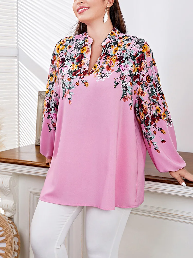 

TOLEEN Plus Size Tops Fashion Floral Print Women Pink Blouse 2022 Spring Autumn Long Sleeve Casual Loose Oversize Shirt Clothing