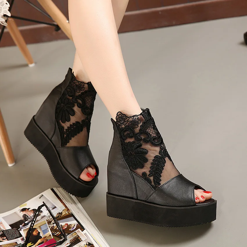 Women's Wedges Lace Sandals Summer New Fashion Mesh Peep Toe Platform High Heel Women Sandals Sexy Party Dress Women Sandals