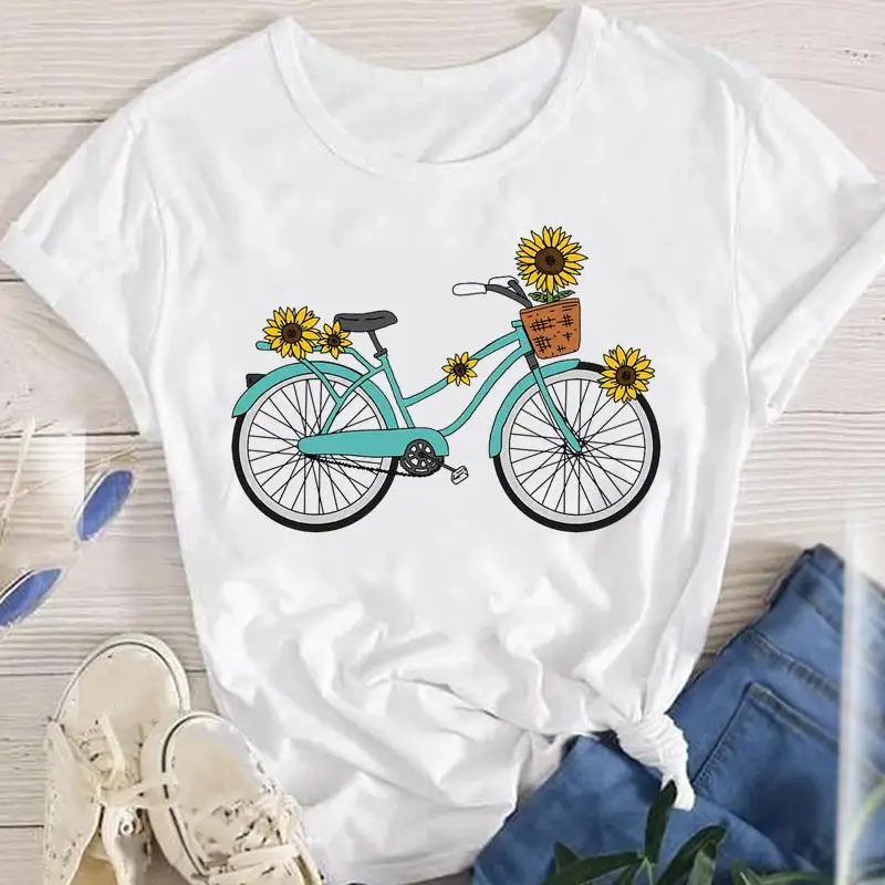 

Women Clothes Bike Flower Sweet New 90s Fashion Lady Short Sleeve Print Tops O-neck Tees Female Summer Tshirt Graphic T-Shirt