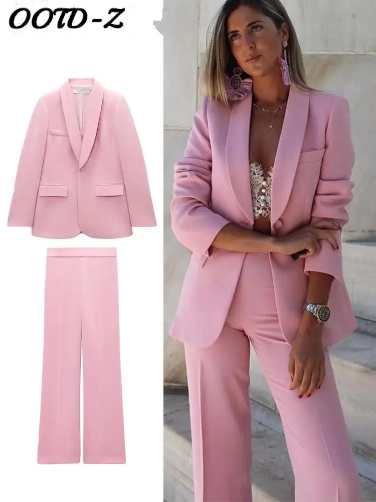 

Женский комплект из блейзера и брюк, комплект из двух предметов розового цвета, шикарная куртка на одной пуговице и брюки с широкими штанинами, 2023