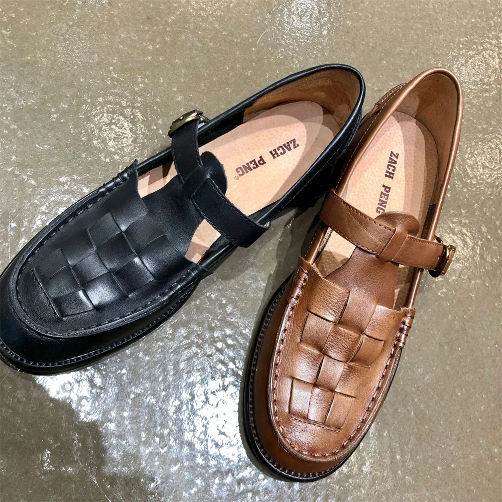 

Original Flat Heels Plant Tanned Handmade Women Shoes Genuine Leather British Retro Top Layer Cowhide Woven Single Shoes