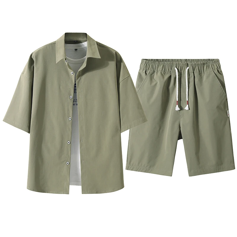 2023 Summer New Short Sleeve Shirt Set Harajuku Solid Color Shirt + Short Two-piece Casual Male Shirts Tracksuit Streetwear Suit