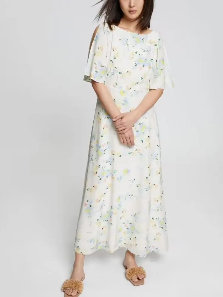 New French Women's Floral Print Split Flying Sleeve Dress Lady Ankle Length Robe 2023 Spring Summer Elegant Female Dress