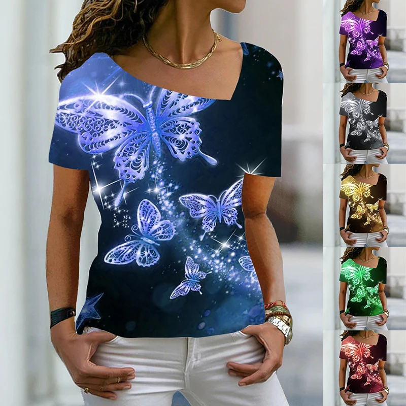 

2022 Summer Women's Butterfly Print T Shirt Color Gradient Butterfly Sparkly Tops V Neck Basic Vintage Tops Plus Size Pullover
