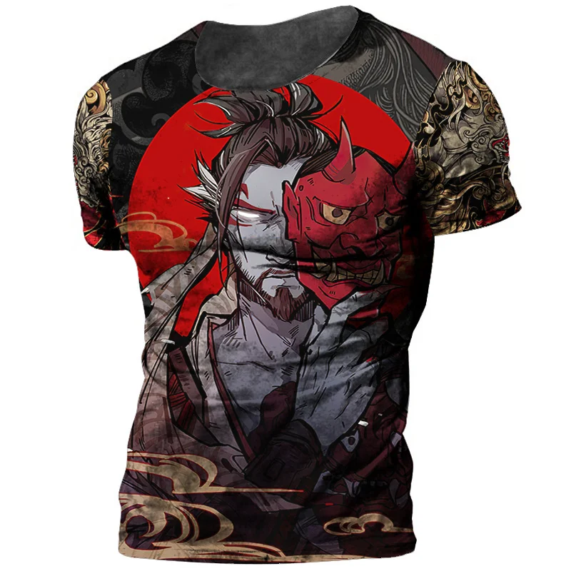 

Samurai Harajuku Printed Men's T-shirt Summer Round Neck Short Sleeve Street Trend Tops Tees Oversized Clothing T Shirt For Men
