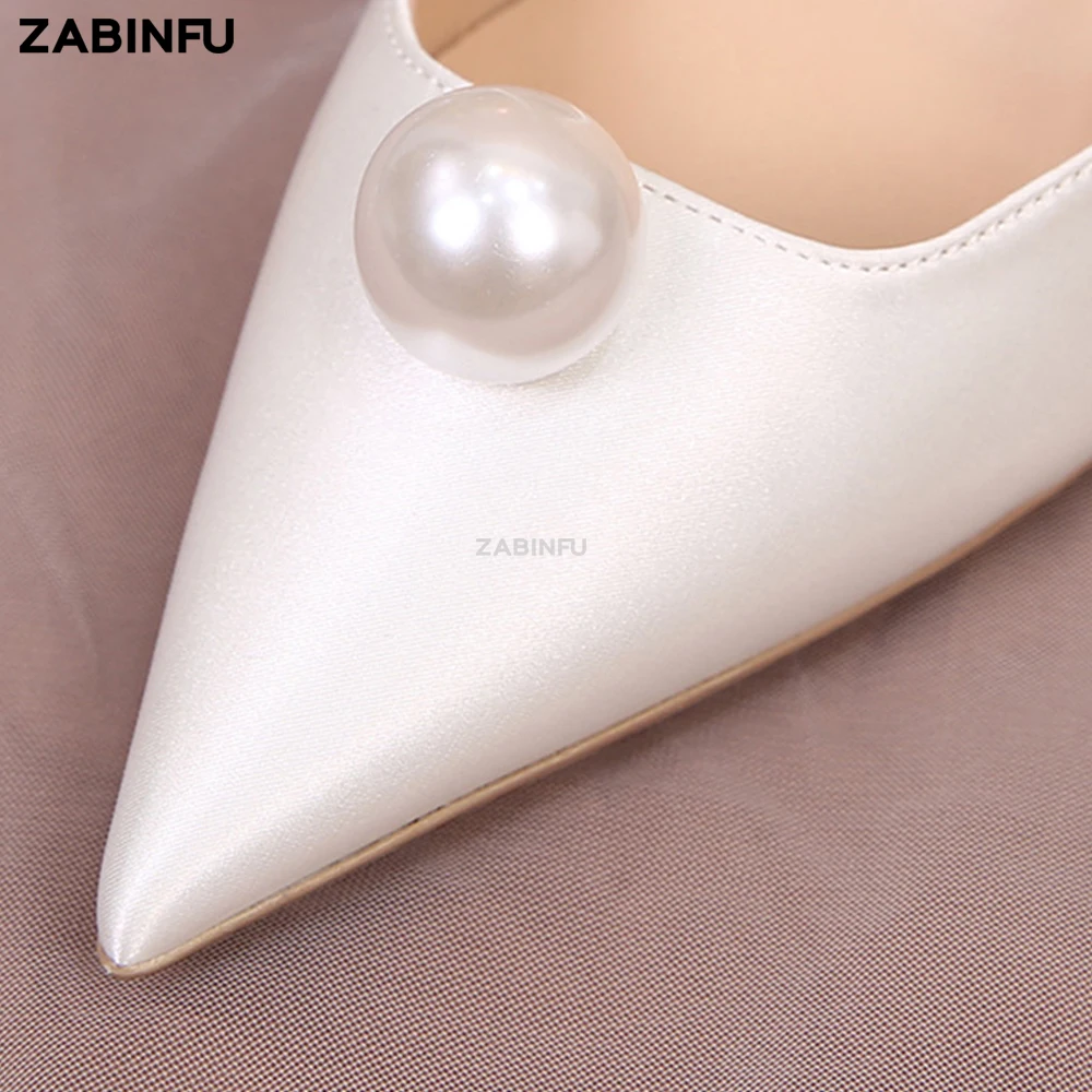 Big Pearl Women Heels 2023 Luxury Pearl Satin Pointed Toe Slingback Heeled Sandals Elegant White Wedding Shoes Bride Heels Shoes