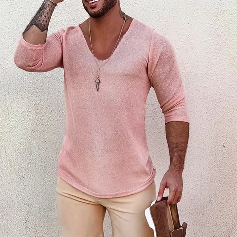 

Fashion Casual Long Tops V-neck Pullover Retro Knitted Shirts Autumn Shirt Mens Solid Tee Skinny New All-match 2022 Sleeve Rib