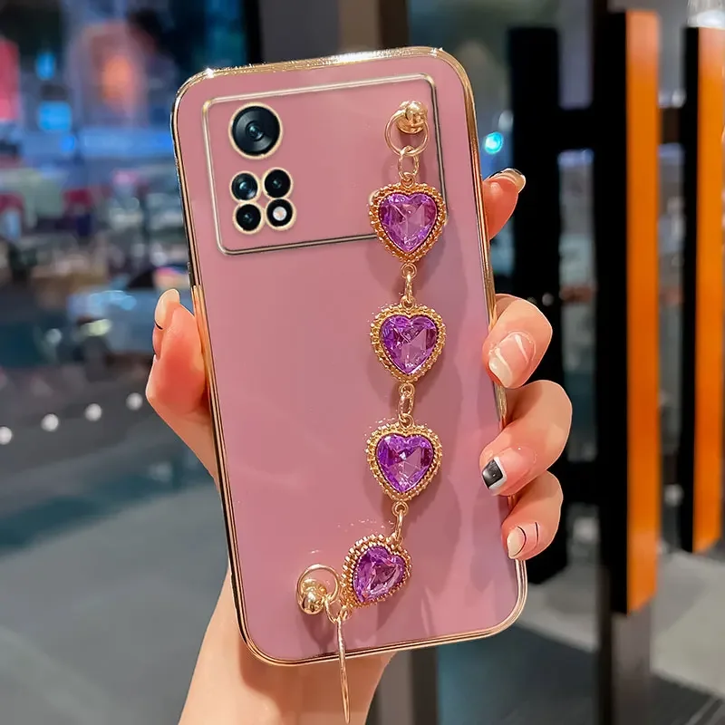 

Plating Phone Case For Poco M4 Pro M5S X4 Pro F5 X5 Pro X3 F4 M3 Pro C50 C40 Mi 13 Lite 12T 12 Lite Luxury Heart Bracelet Cover