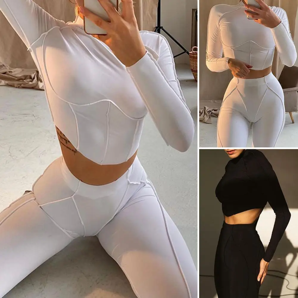 

2 Pcs/Set Chic Women Tracksuit Set Slim Fit Weird Lady Outfit Set High Waist Waist-exposed Fitness Outfit Set