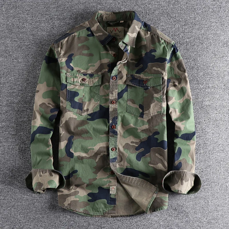 Men Cargo Military Shirts Blue Camouflage Cotton Washed Streetwear High Quality Work Safari Style Male Long Sleeve Shirt Jacket